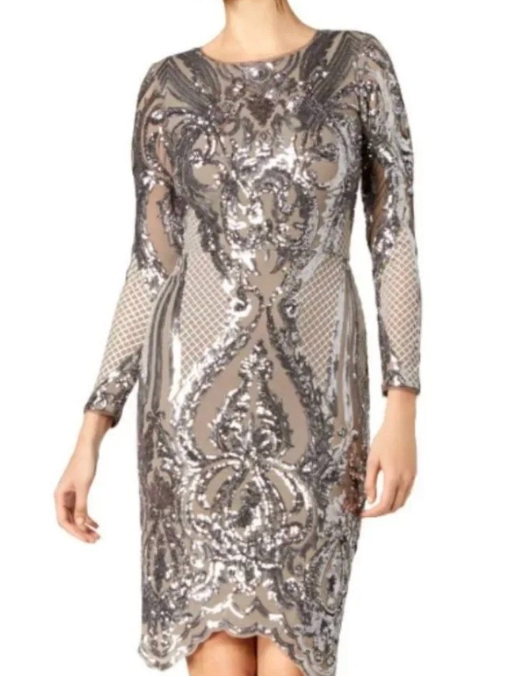 Betsy & Adam Embellished Silver Sequin Sheath Dress